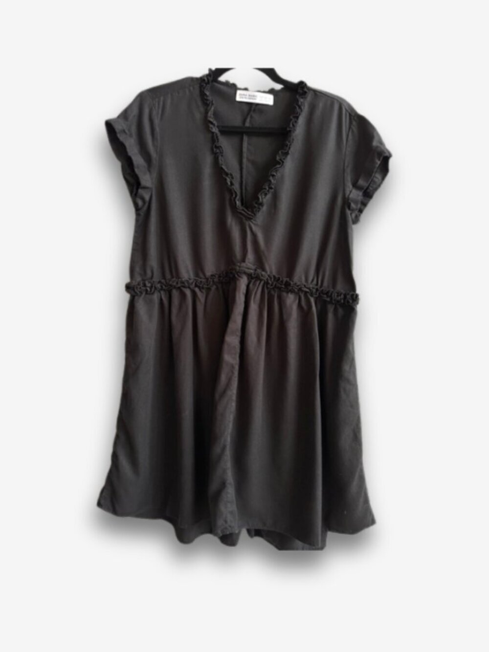 Zara Black Mini Lyocell Dress Ruffle Trim Loose Shift Fit S Grunge Alternative